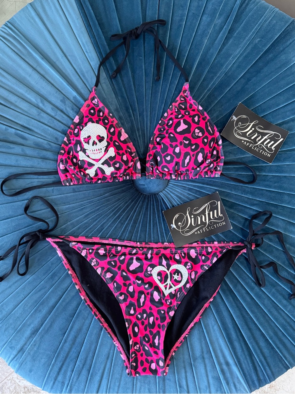 Rare Sinful by Affliction Y2K Hot Pink Rhinestone Embellished Bikini